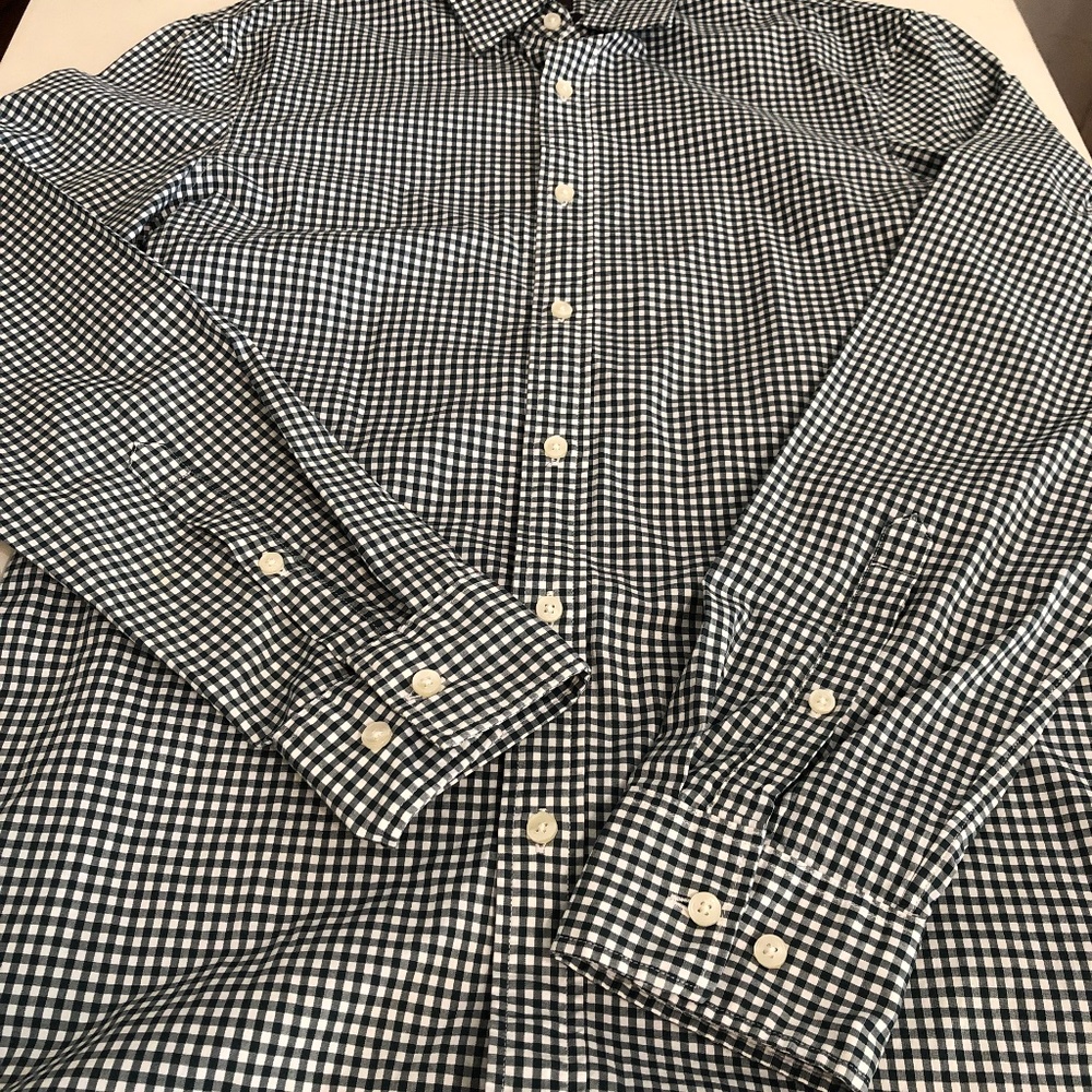 Michael Kors navy and white gingham long sleeve button and collared shirt.